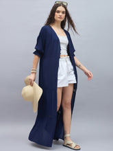 Women's Rayon Crepe Navy Longline Shrug with Lace Inserts